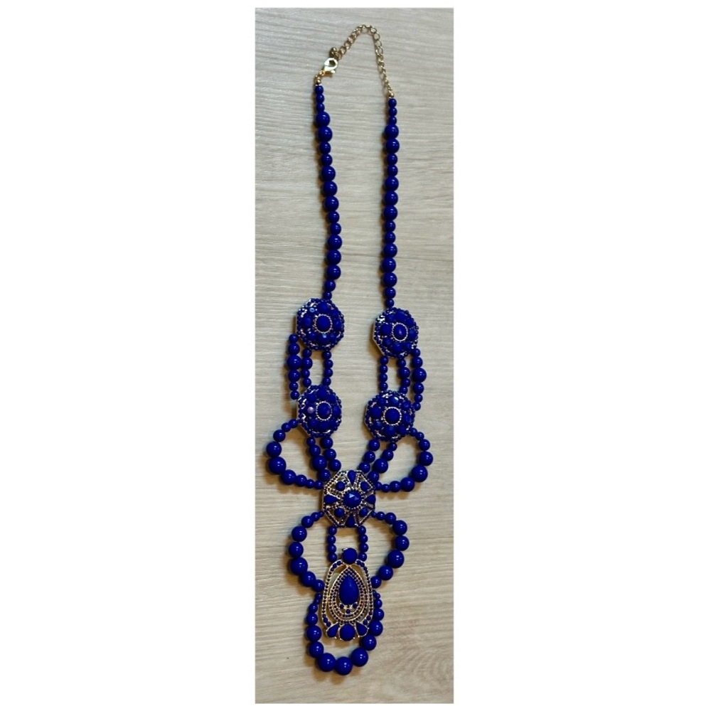 Royal Blue Gold Statement Necklace | Rhinestone | Glam Y2K Boho Jewelry